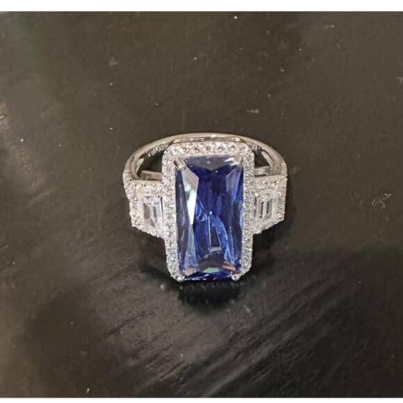 JTV-Blue & White Cubic Zirconia Rhodium Over Sterling Silver Center Design Ring - Picture 6 of 8